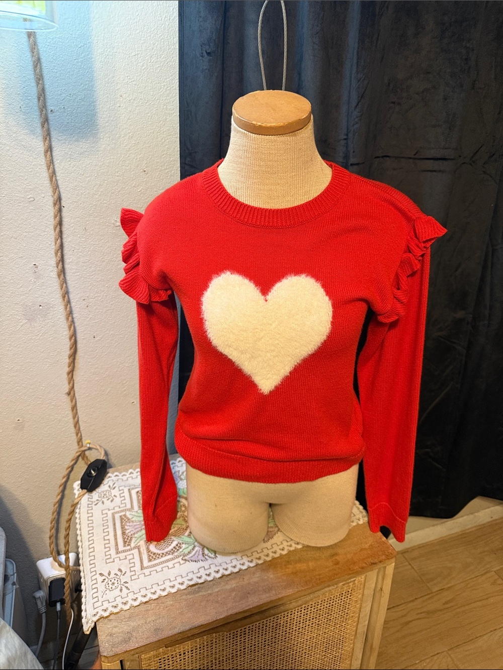 Epic Tgreads Red Sweater with White Heart and Ruffle Shoulders